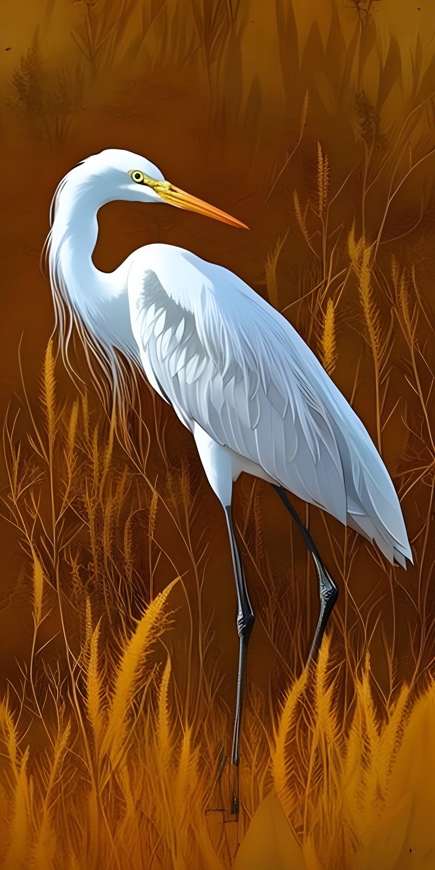 White Heron in Amber Field Digital Painting