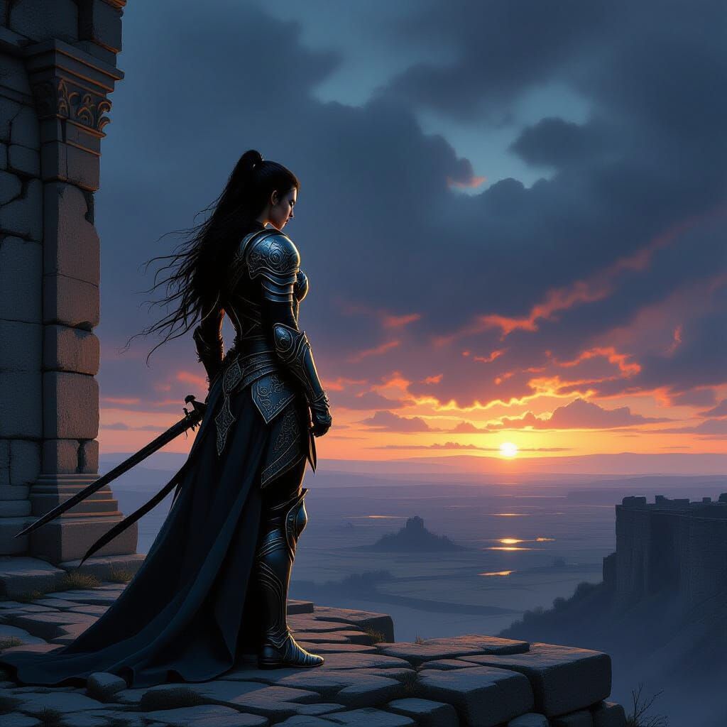 Dark Fantasy Warrior Contemplates Desolate Valley