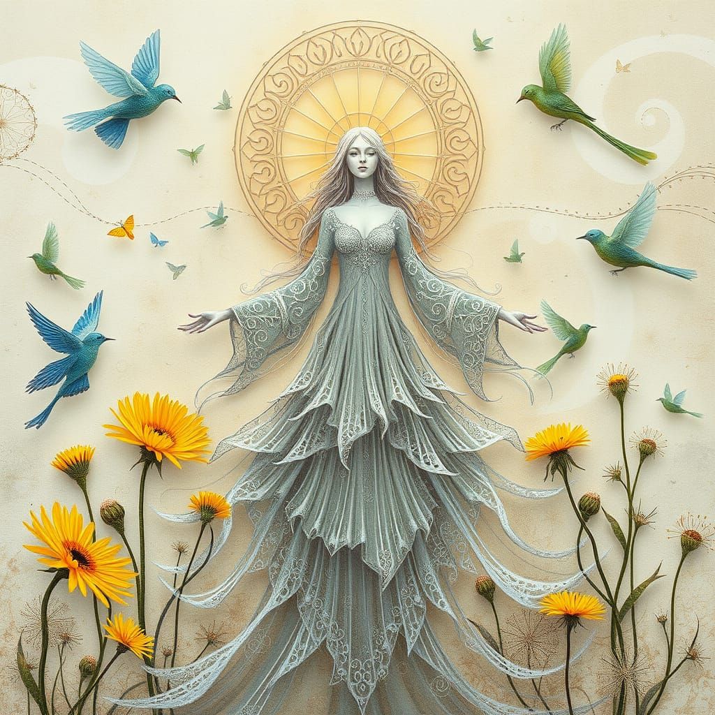 Ethereal Star Goddess Amidst Whimsical Blooms and Ethereal C...