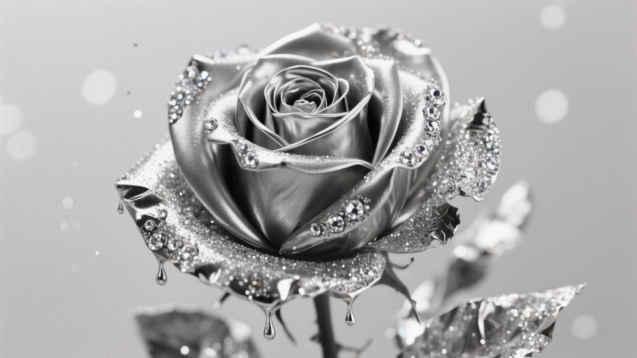 Chrome Rose Blossom Macro Shot with Crystals and Silver Foil