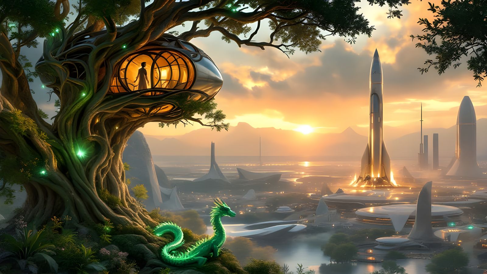 Neo-Elven Man Watches Dragon and Rocket Launch