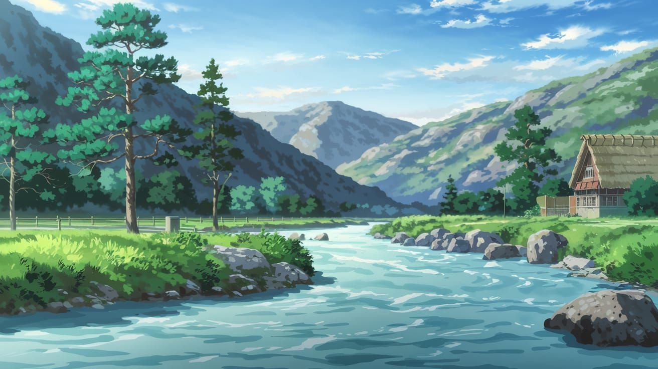 Anime Valley Scene with River and Thatched House