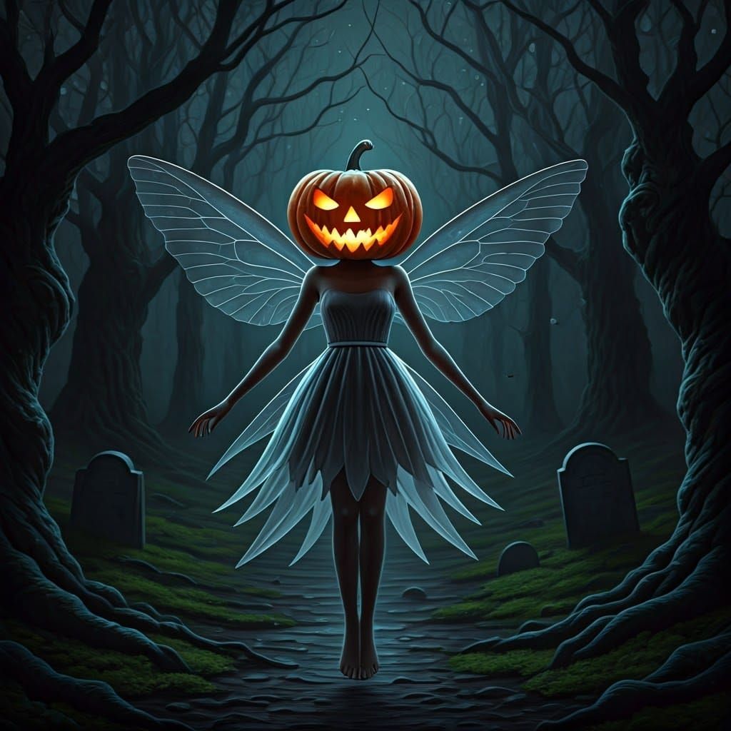 Ethereal Glass Fairy with Pumpkin Head in Graveyard