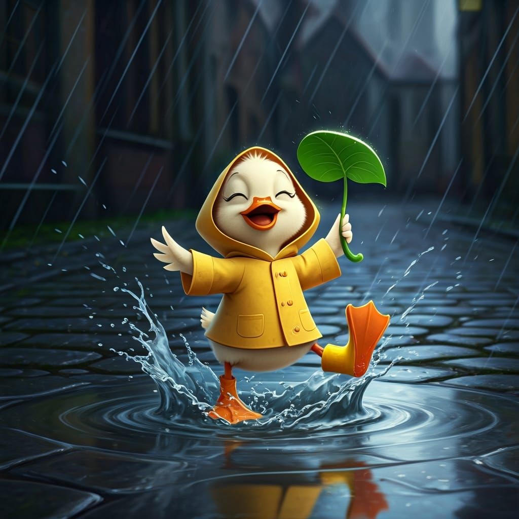 Joyful Duckling in Rain, Pixar-style CGI Illustration