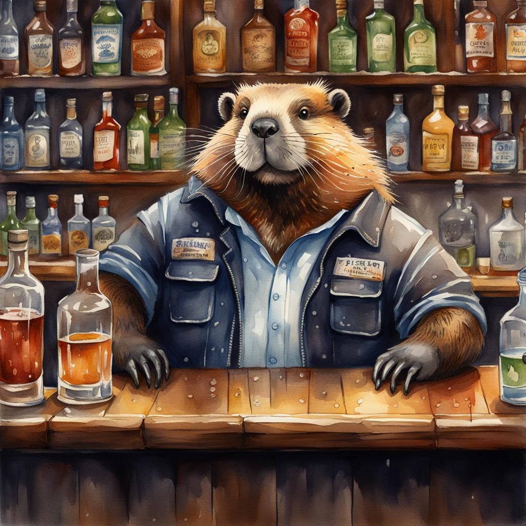 Overweight Beaver Biker Bartender in Watercolor