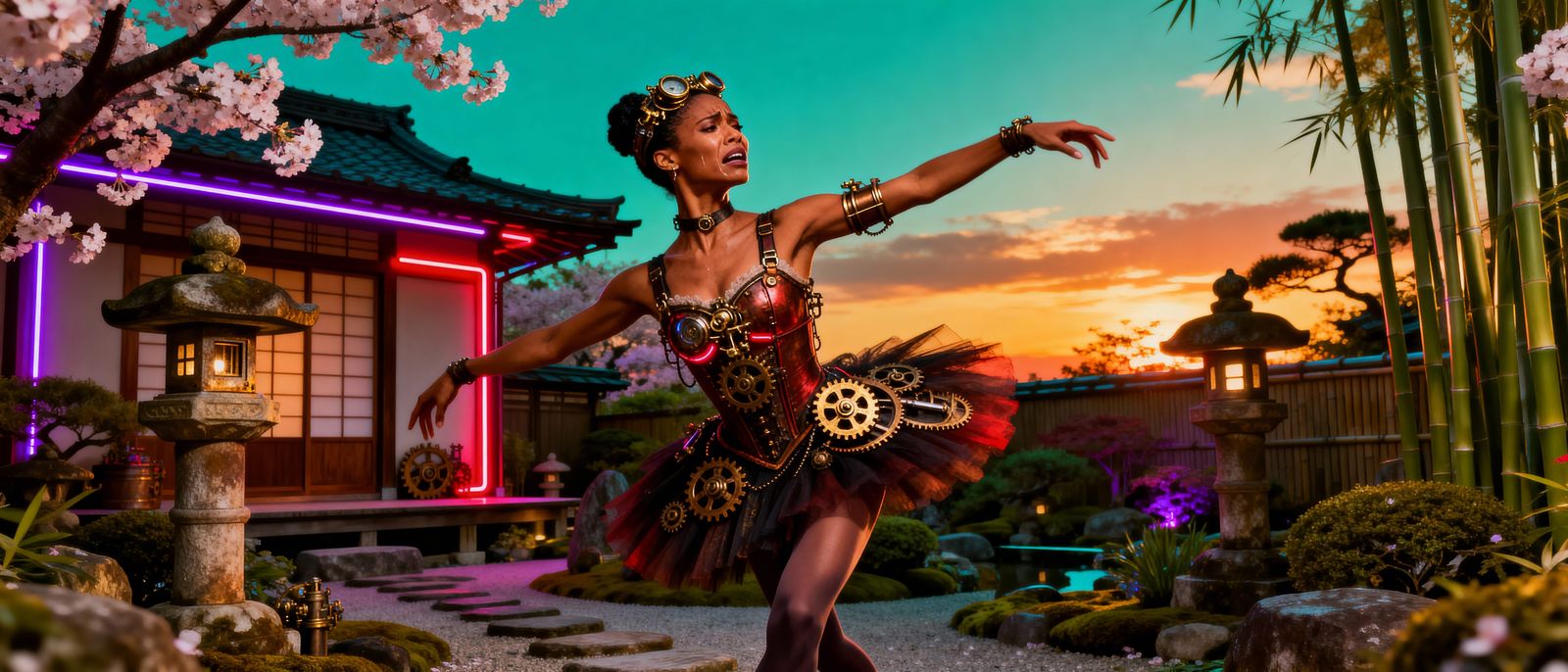Steampunk Ballerina in Vibrant Sunset Garden