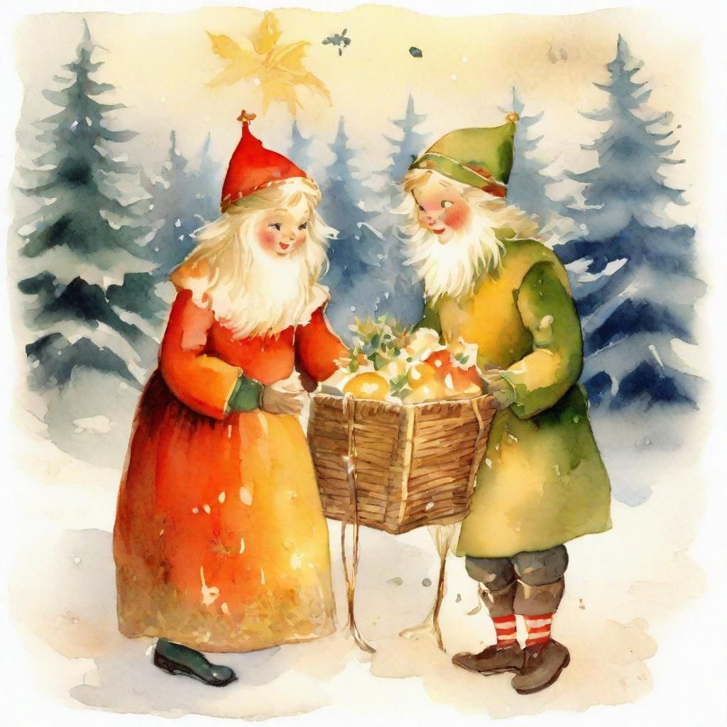 Vintage-Style Christmas Scene with Cozy Elves Bringing Gifts