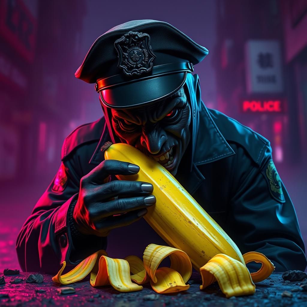 Menacing Police Officer Eats Banana in Cyberpunk Style