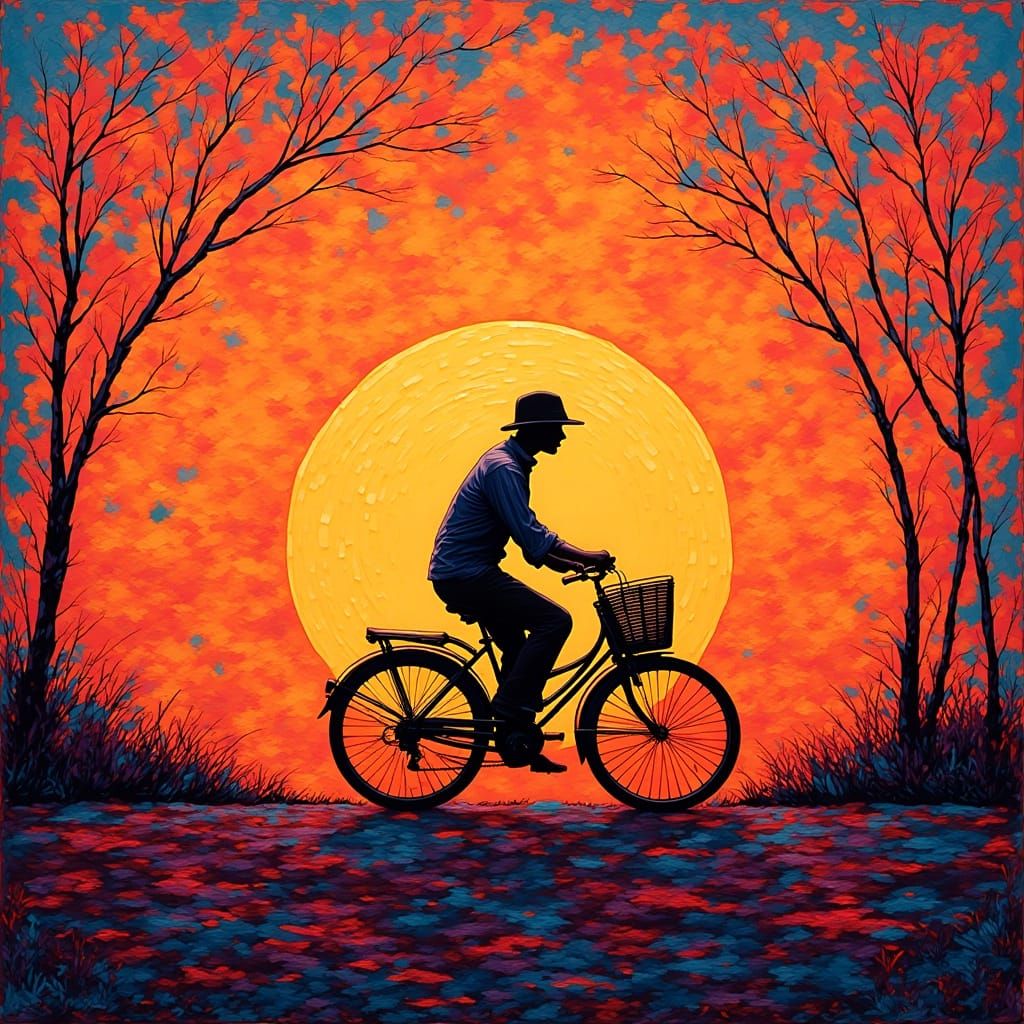 Figure Silhouetted on Vintage Bicycle at Abstract Sunset