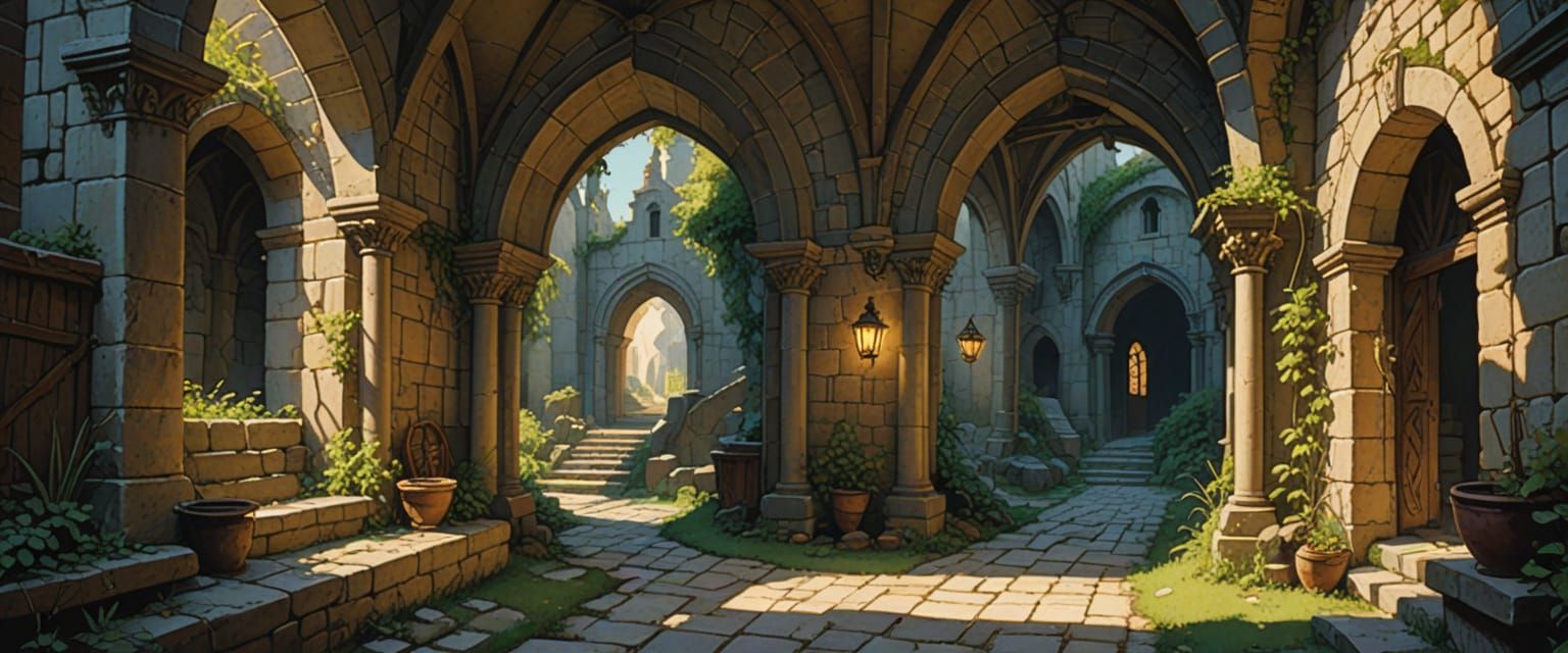 Mysterious Dungeon Passageway in Watercolor Style