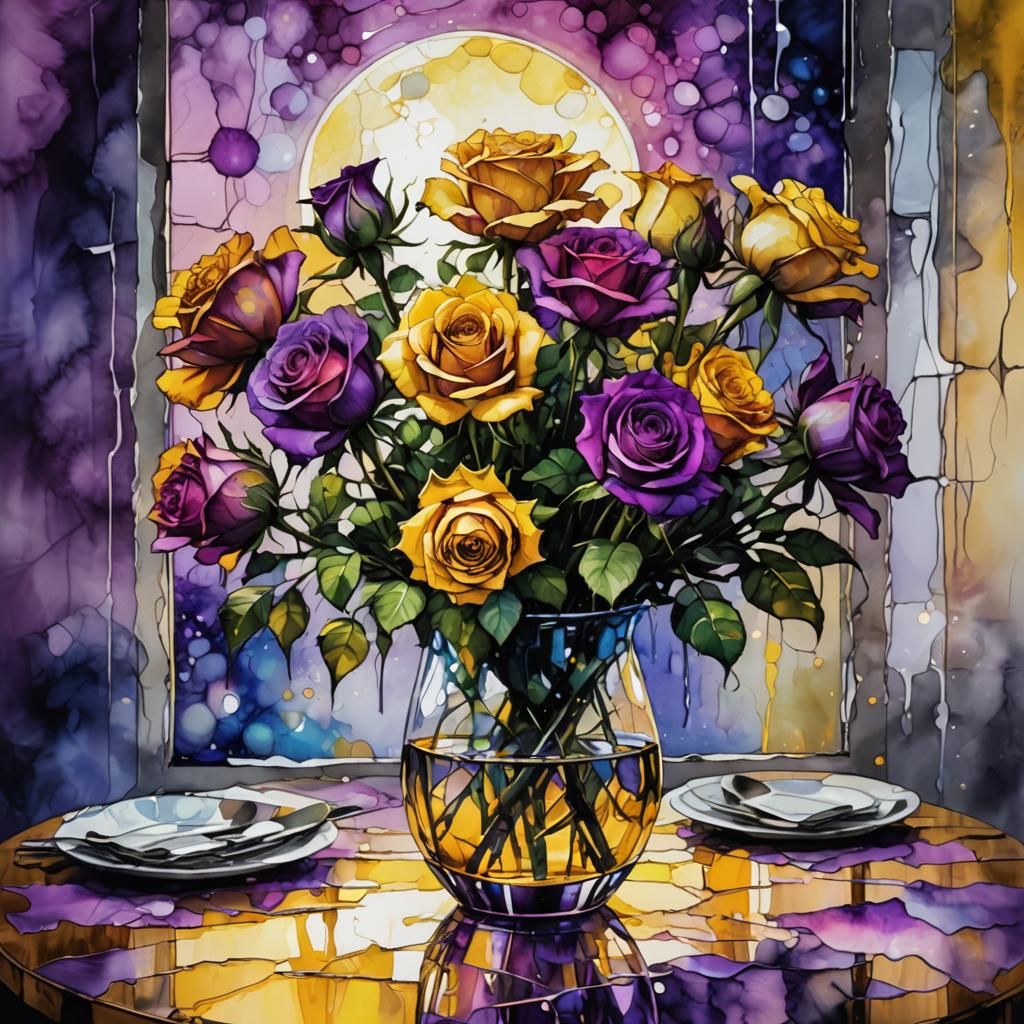 Exotic   yellow and  purple roses in a vase on the table in ...