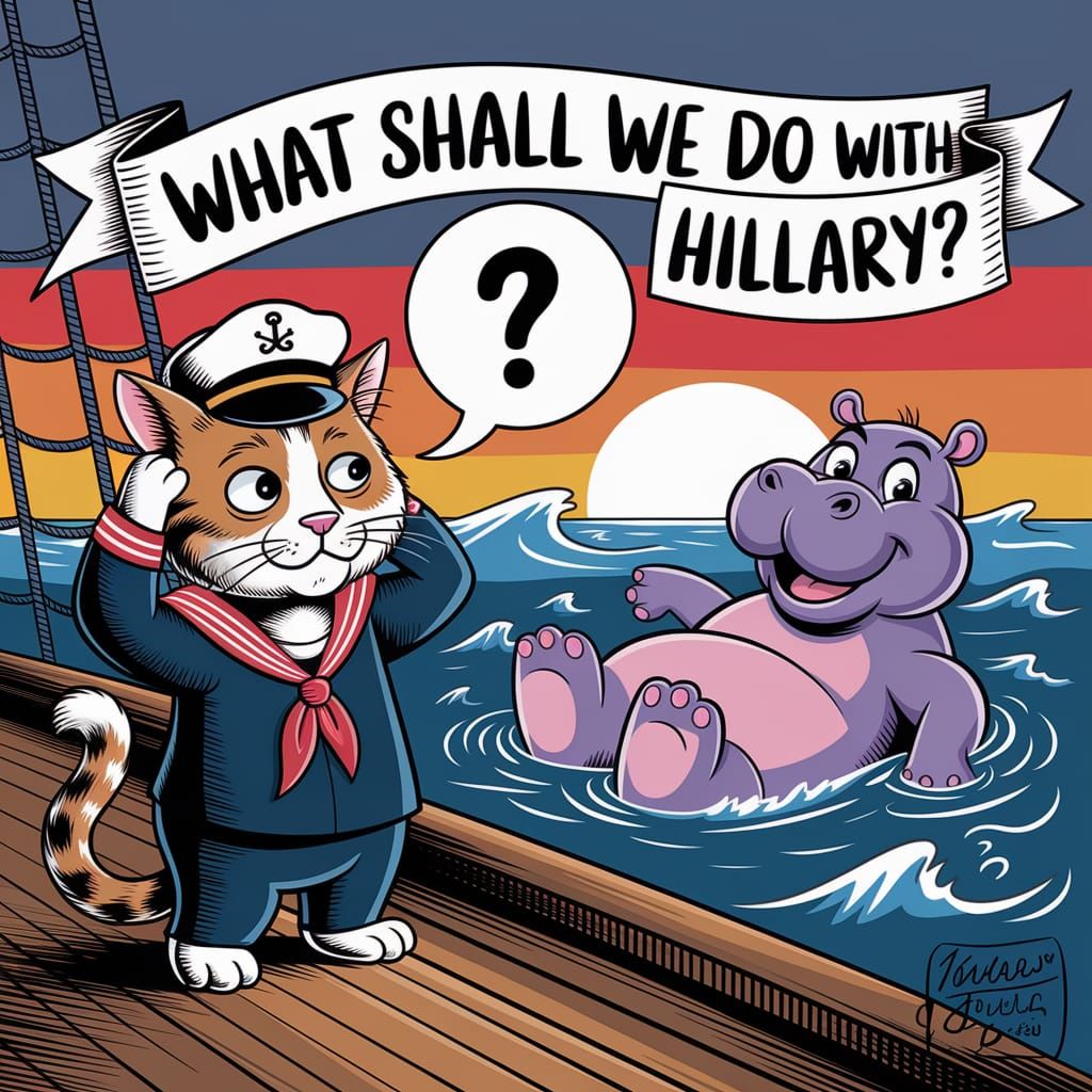 Whimsical Cat and Hippo Caricature on the Sea