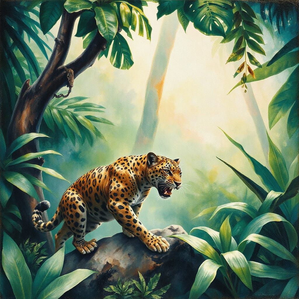 Tropical Jungle Jaguar in Vibrant Watercolour Oil Fusion