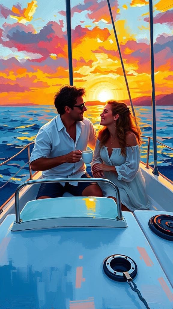 Couple Enjoys Coffee on Boat at Sunrise in Oil Painting Styl...