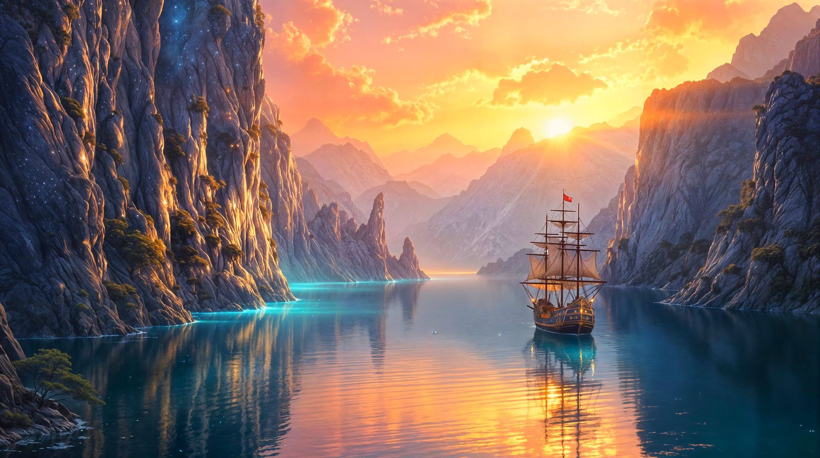 Dramatic Sunrise Galleon in Norwegian Fjord Landscape