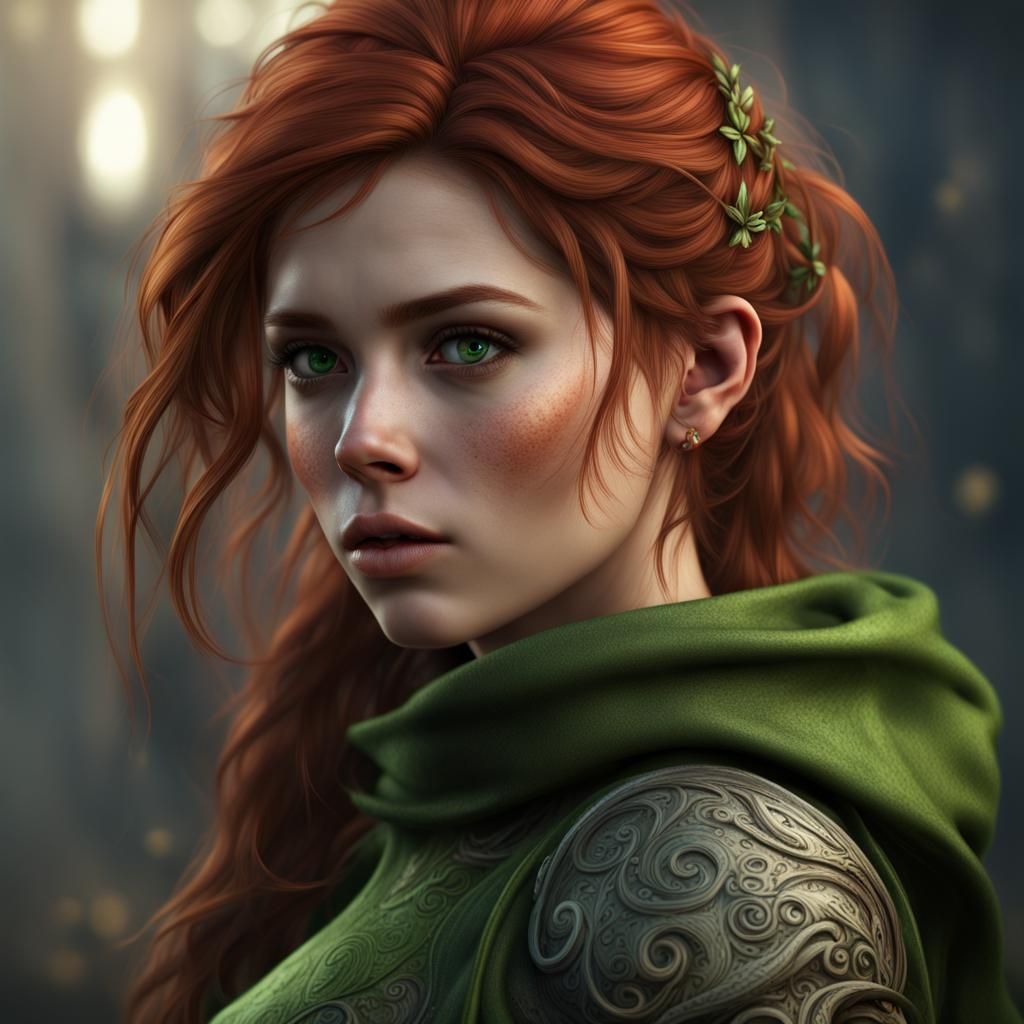 Auburn-Haired Girl with Green Eyes: Fantasy Art