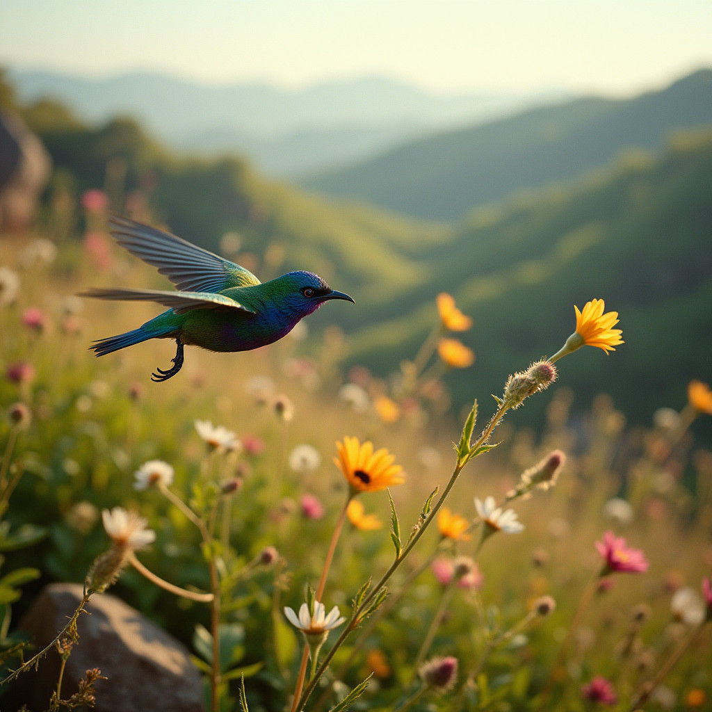 Iridescent Bird in Lush Hillscape, Cinematic Animation