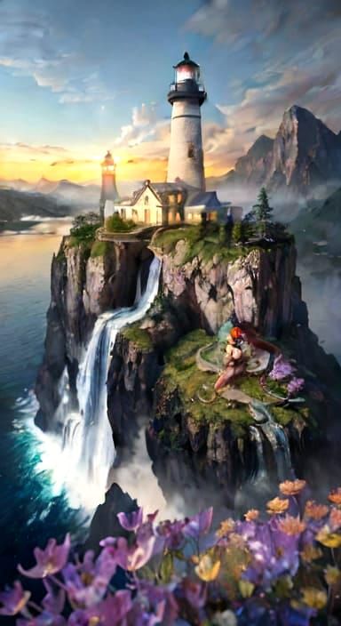 Lighthouse on Chrome Mountain: Fantasy Watercolour Art