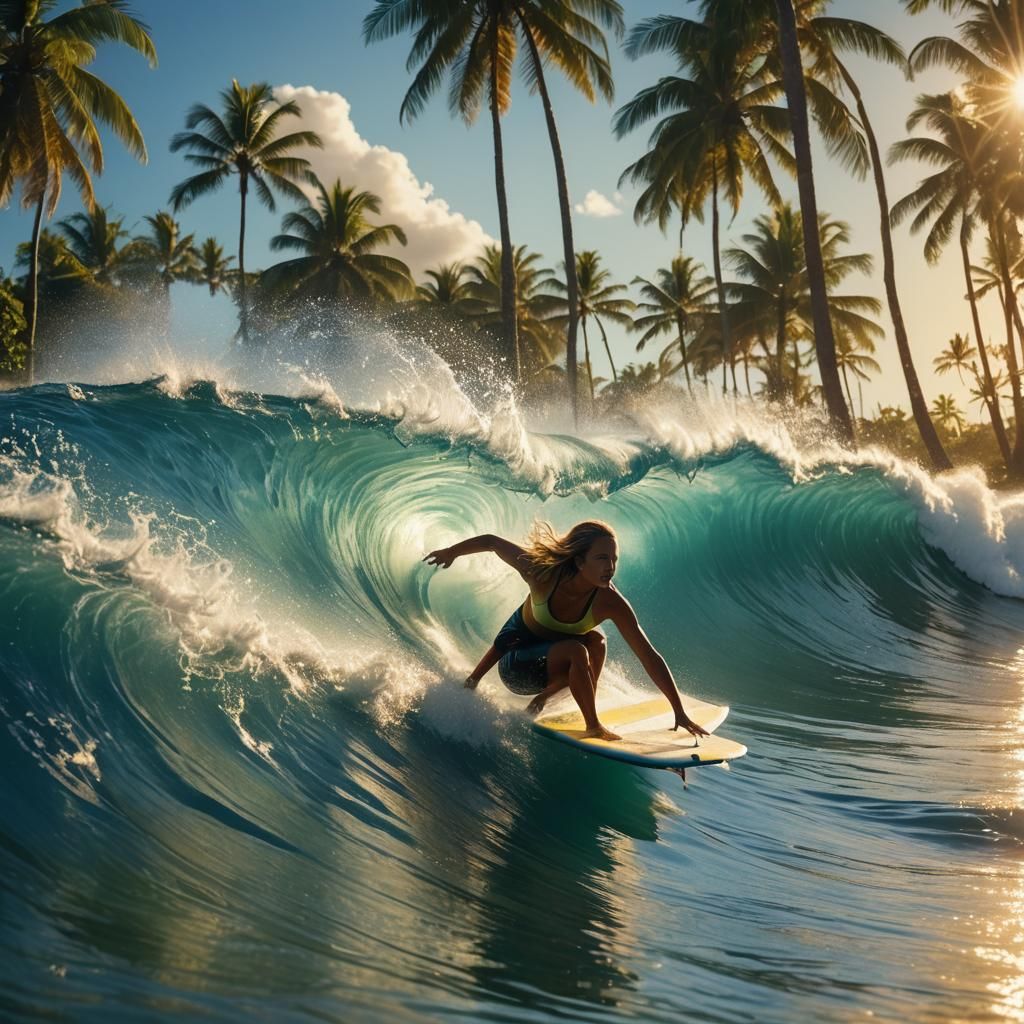 Female Surfer Rides Wave in Hawaii: Digital Art