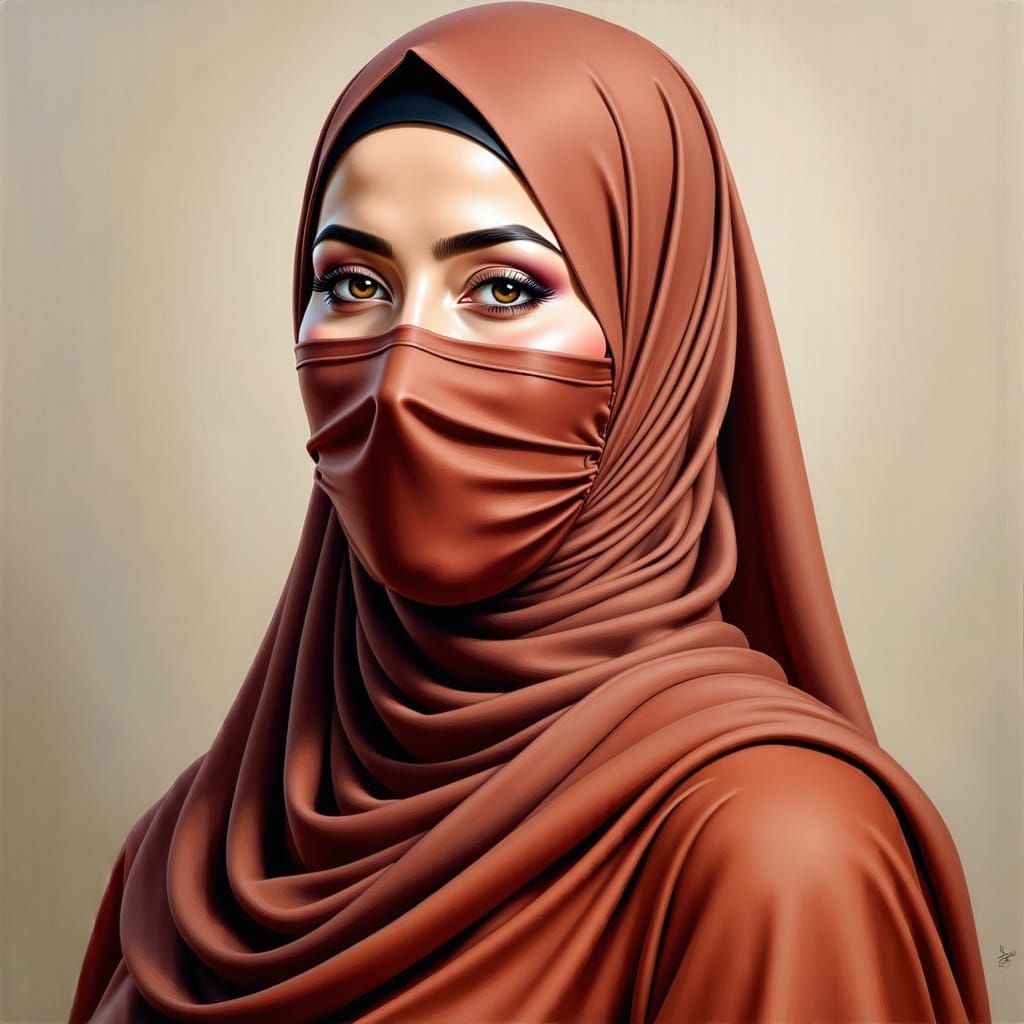 Oil Painting of a Heavy Hijabi Woman with Floral Mask