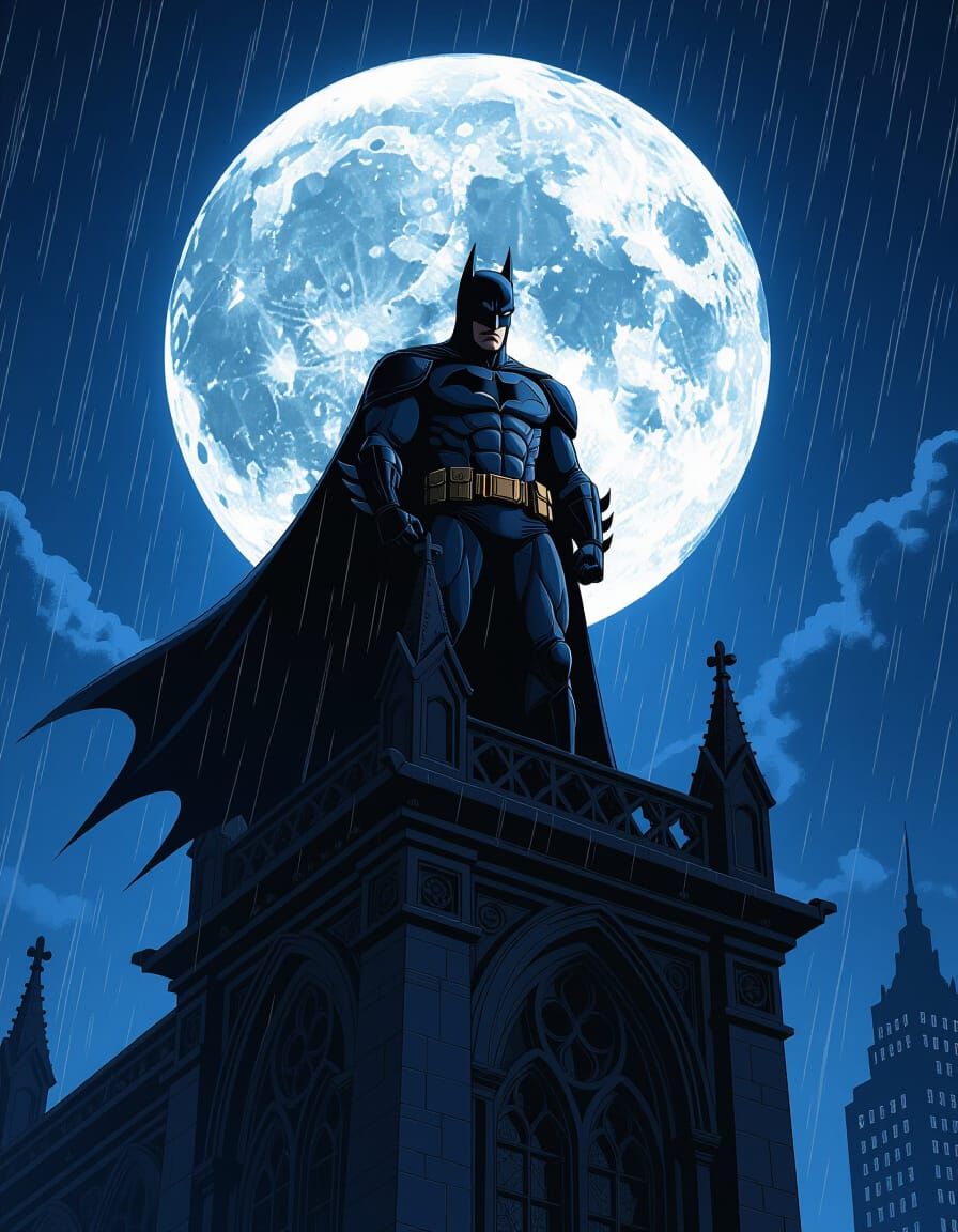 Batman silhouetted against moon on gothic skyscraper