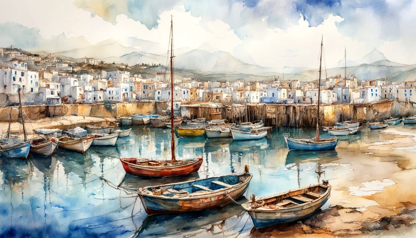 Tangiers Harbour: Old Sailing Boats in Watercolour Style