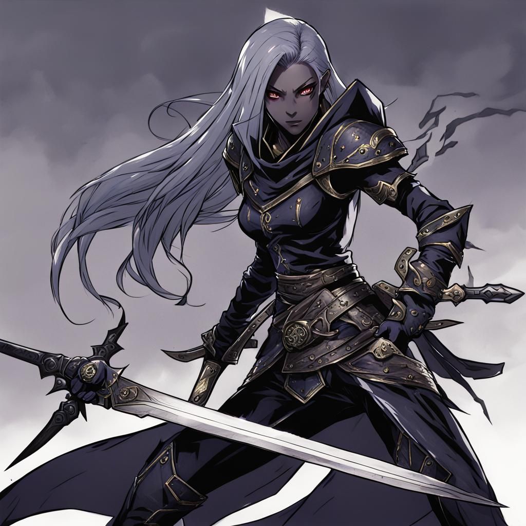 Dark Elf Rogue with Daggers in Anime Style