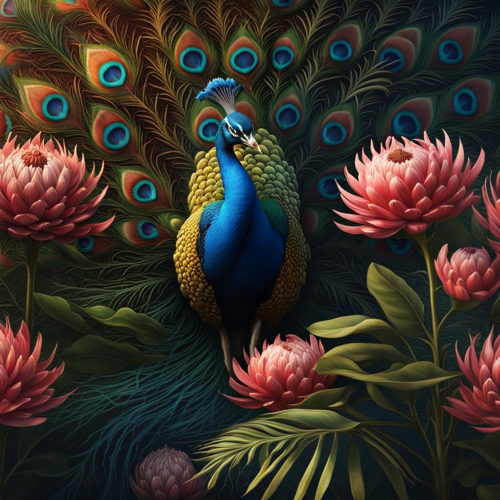 Peacock and Protea Flowers in Detailed Matte Painting