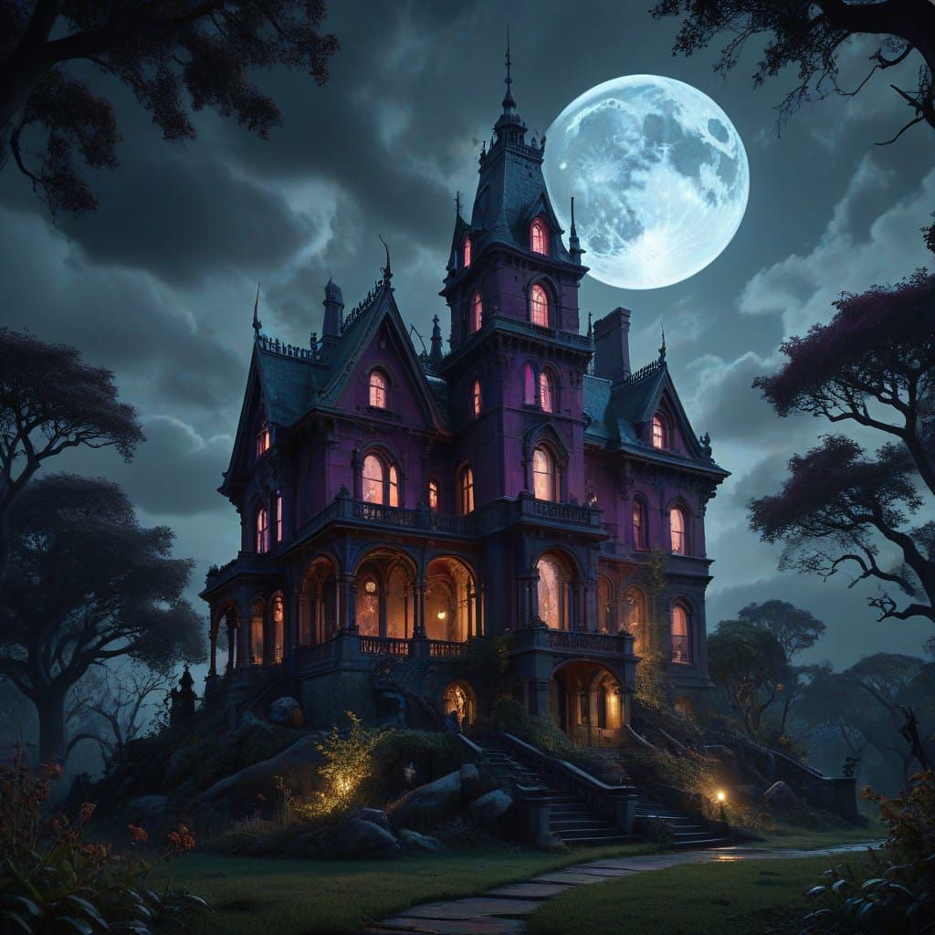 Mystical Victorian Mansion in Deep Plum and Charcoal Hues