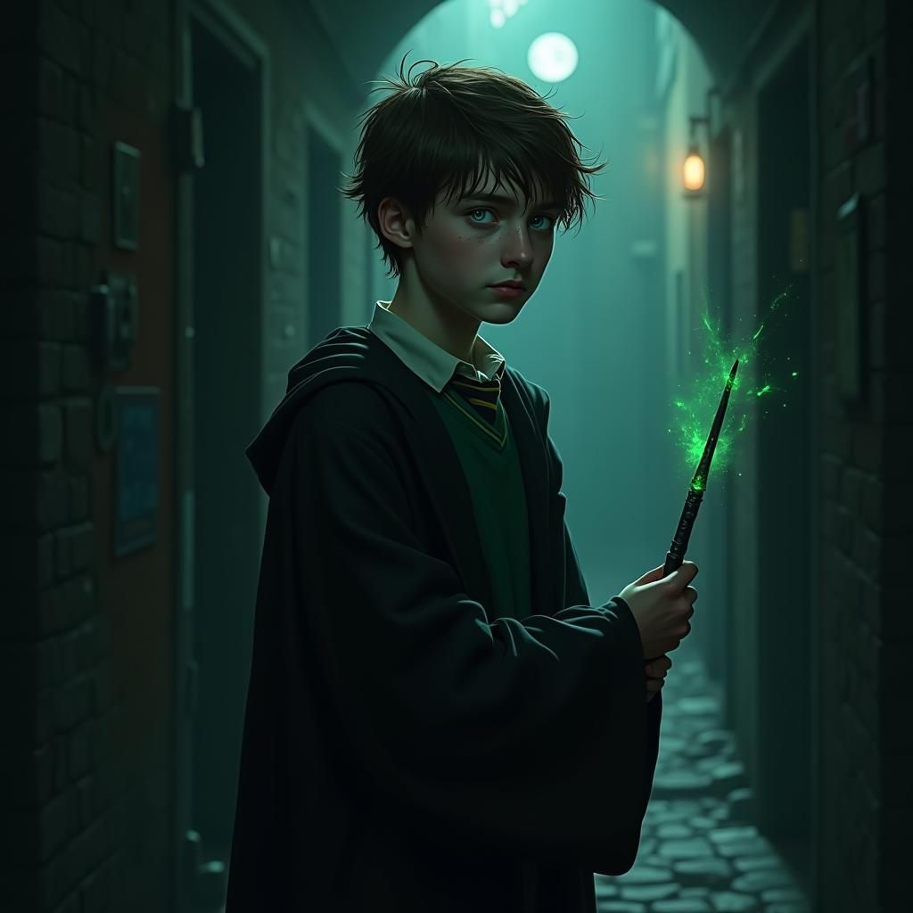 A Moody Young Wizard in Hogwarts Slytherin Attire
