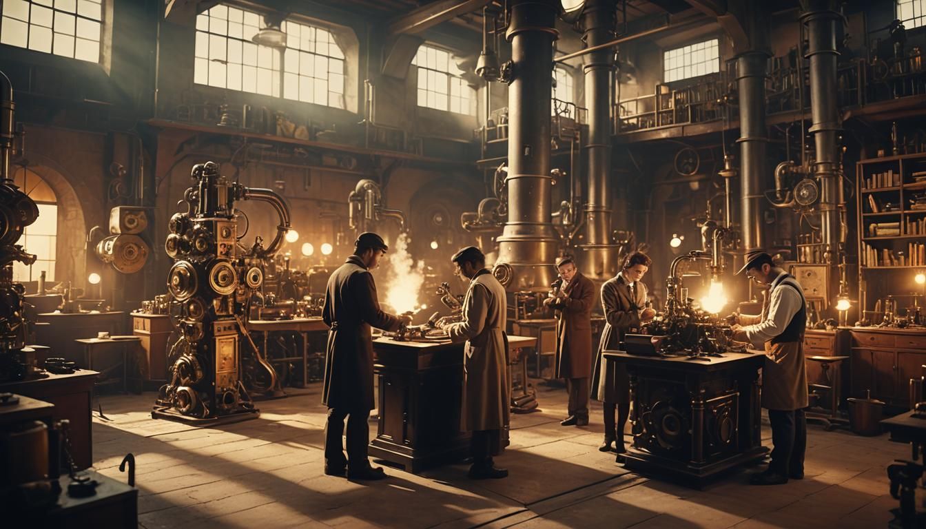 Steampunk Inventors Discovering Retro-Futuristic Robots