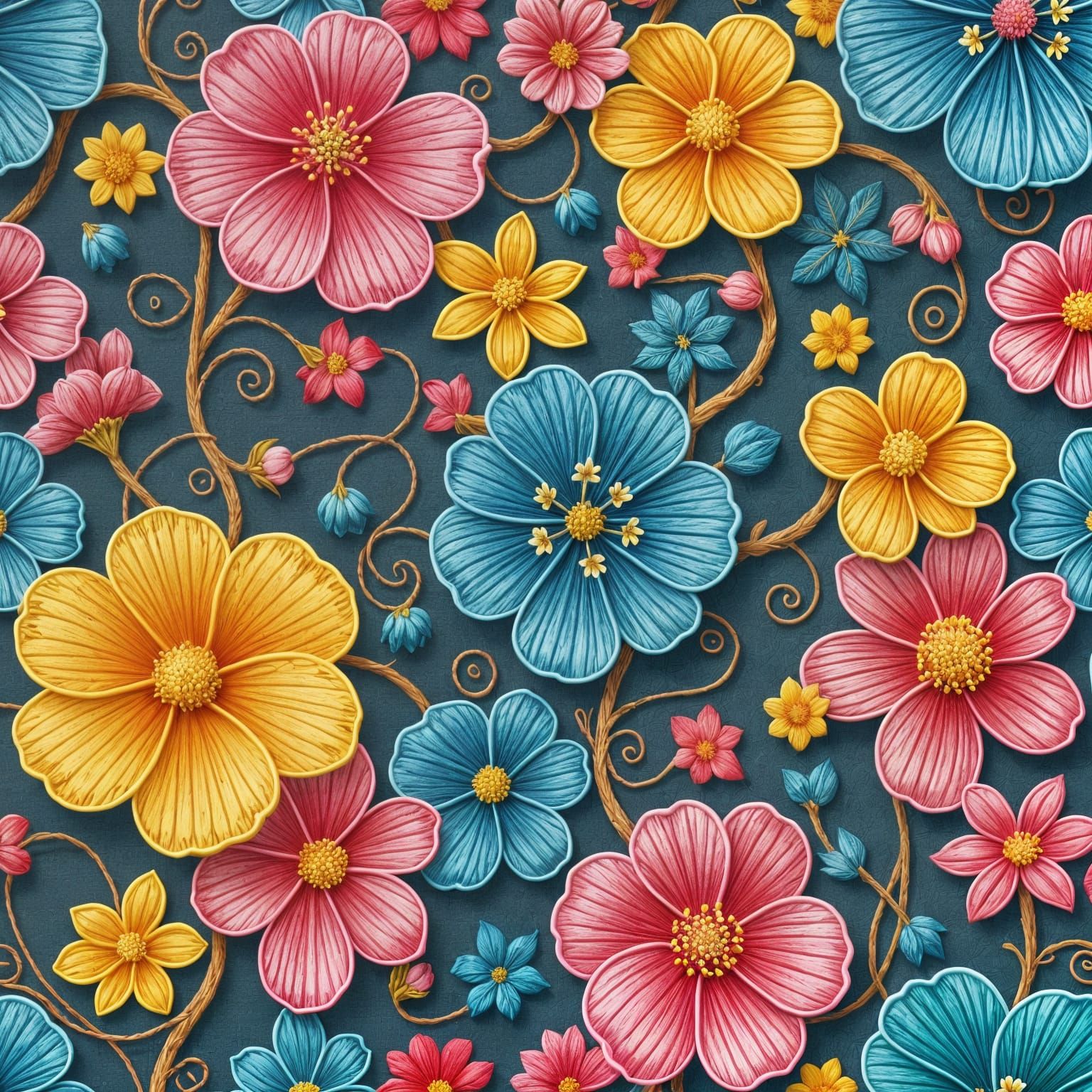 3D Embroidered Wildflower Pattern in Gouache Style