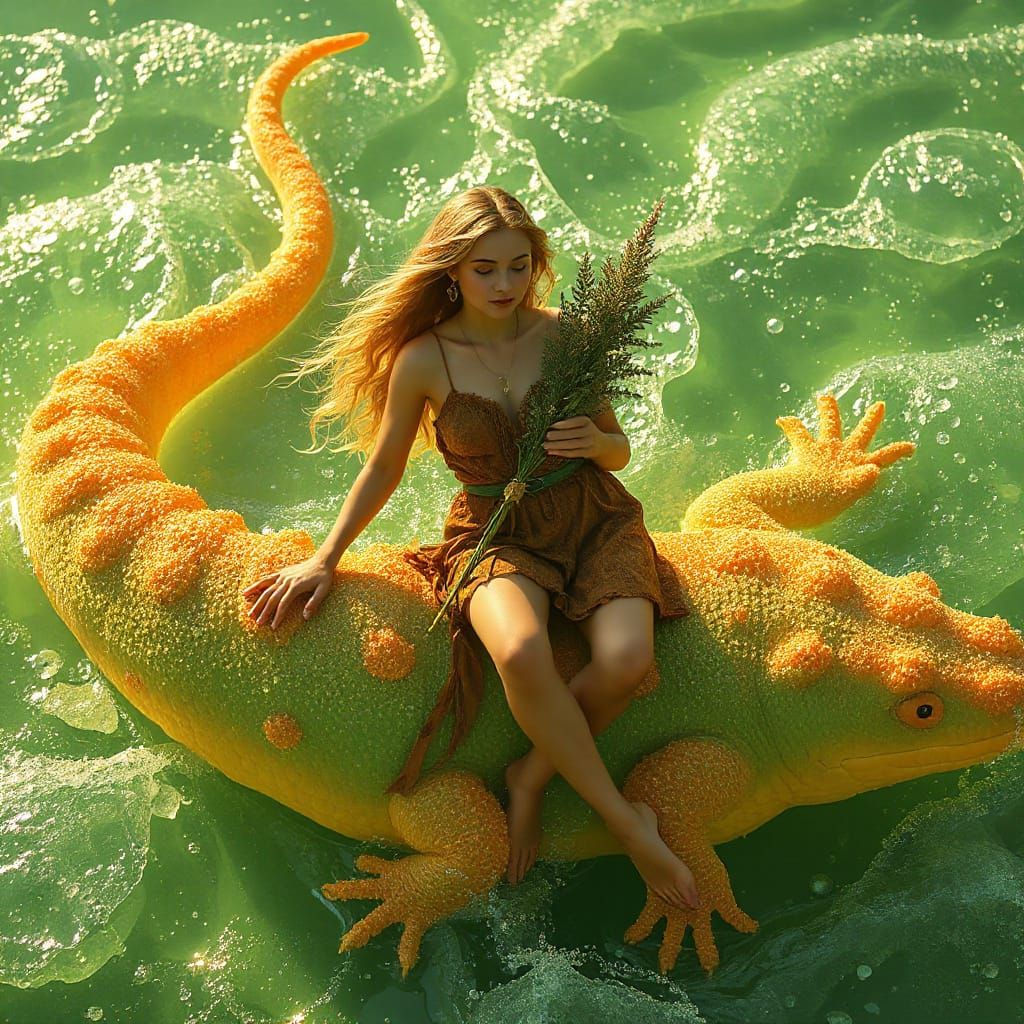 Woman on Gummy Salamander in Soda Sea