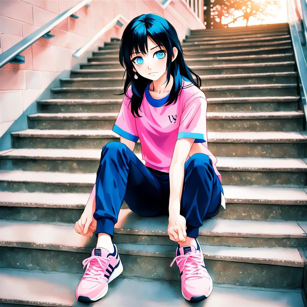 Anime Girl on College Steps in Studio Trigger Style
