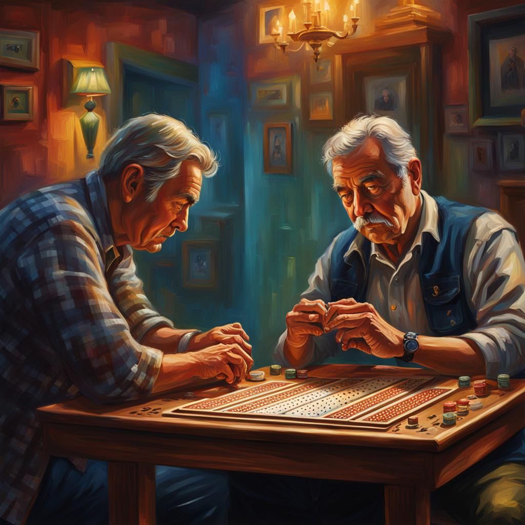 Hyperrealistic Men Playing Cribbage with Dramatic Lighting