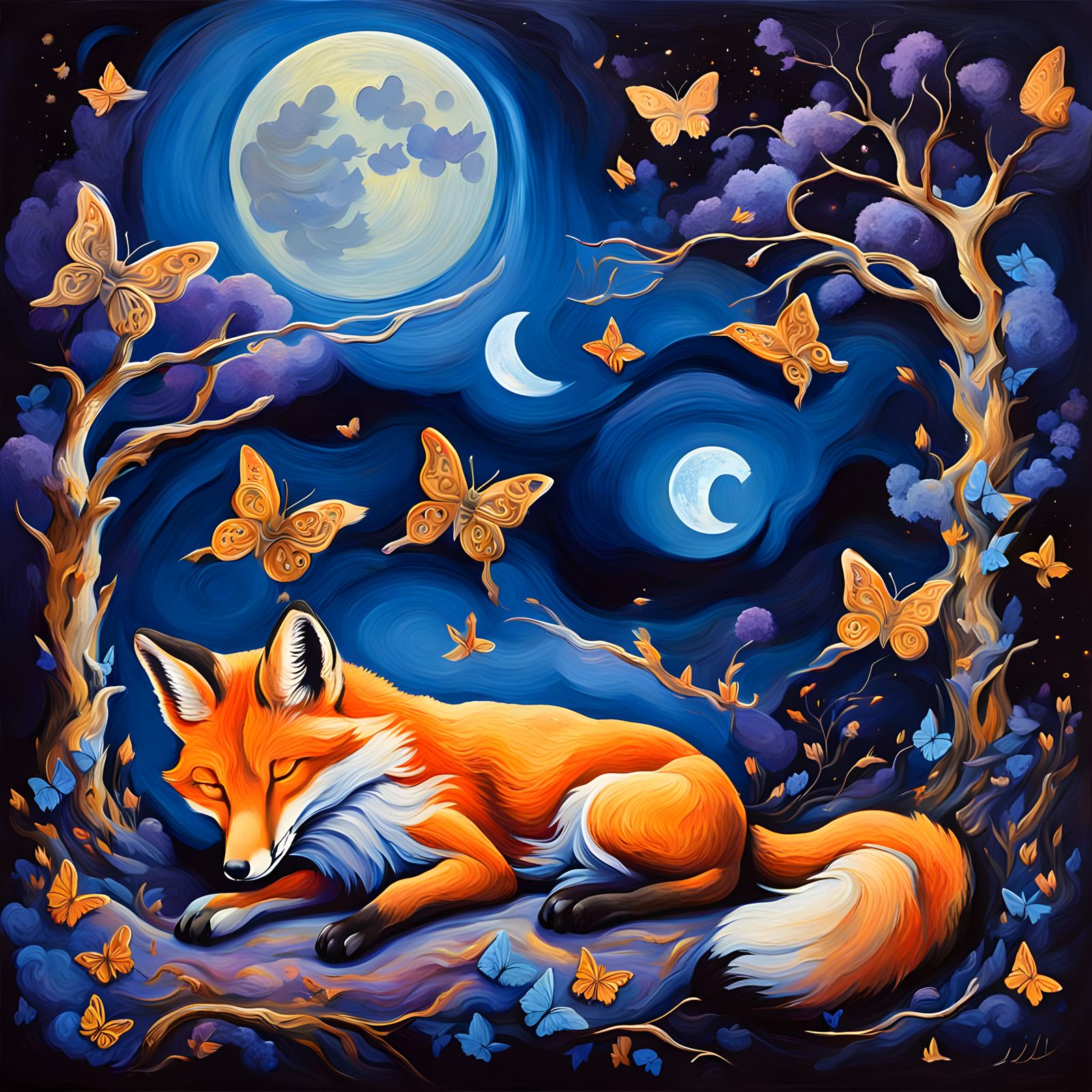 Fox Sleeping in Surreal Forest Night Sky