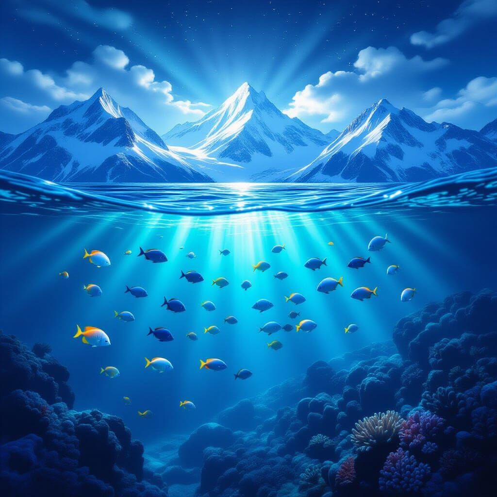 Underwater Mountains with Tropical Fish in Surreal Lighting