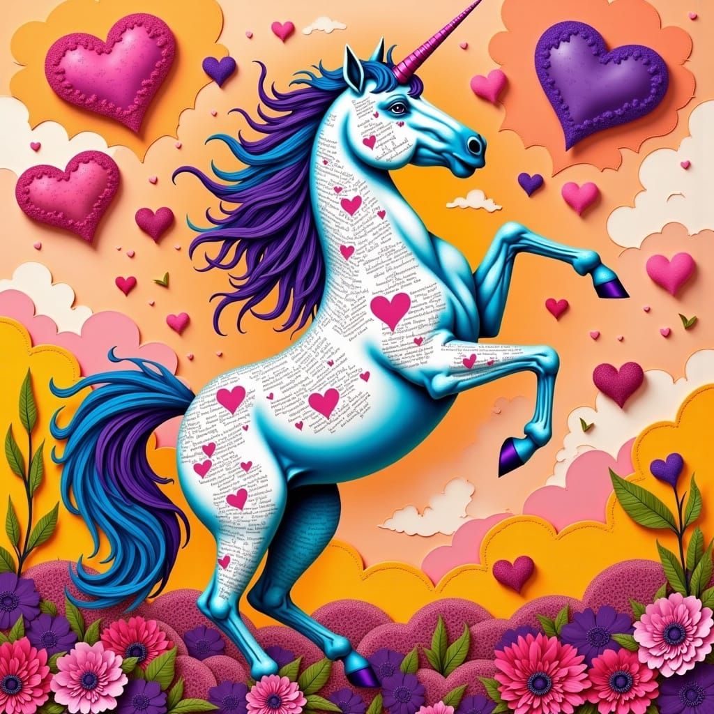 Unicorn Dancing in Pop Art Style with Hearts and Flowers