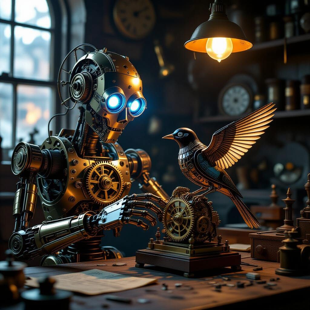 Automaton Assembling Clockwork Bird in Victorian Workshop