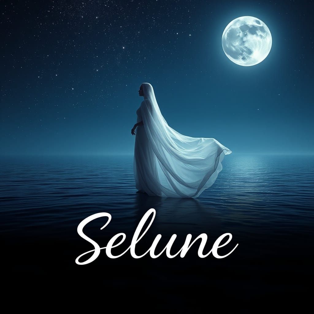 Mystical Goddess Selune Stands on the Water Under a Starry I...