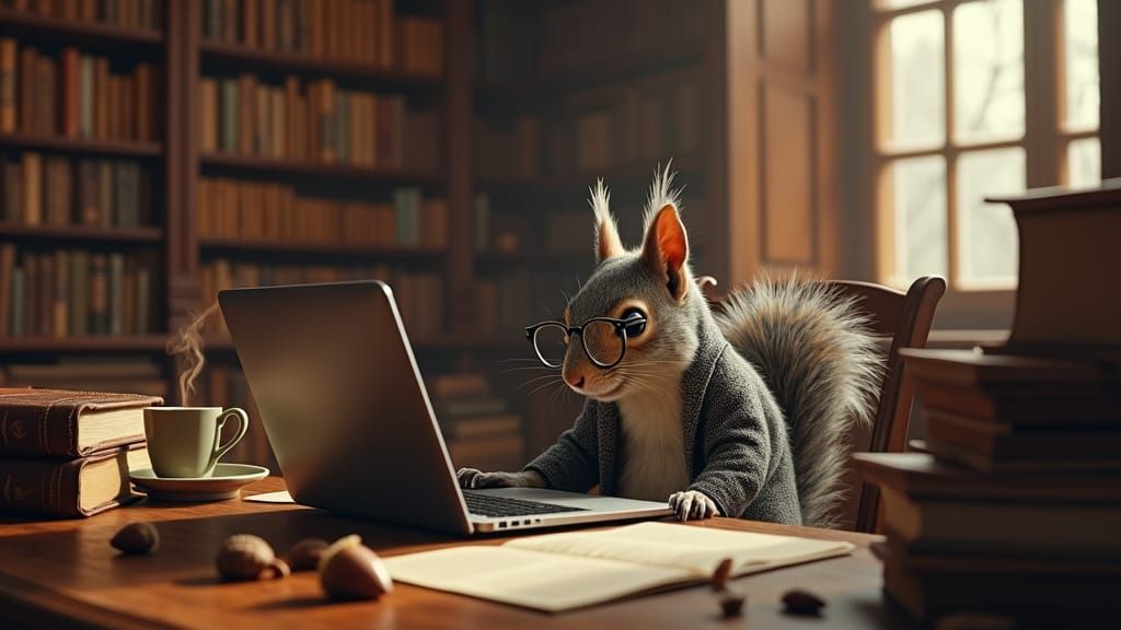Squirrel Working in Library: Cinematic Film Still