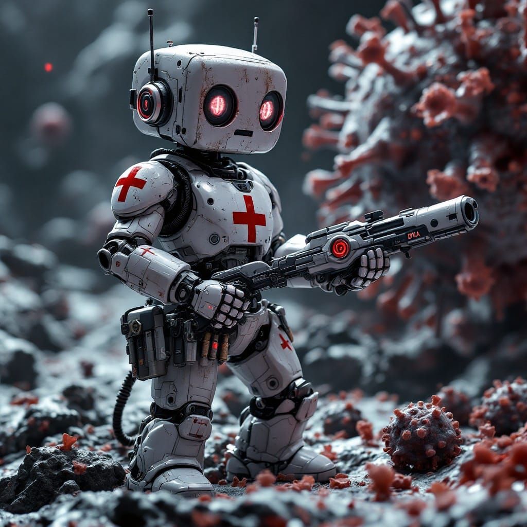 Cybernetic Nanobot Confronts Menacing Virus in High-Contrast...