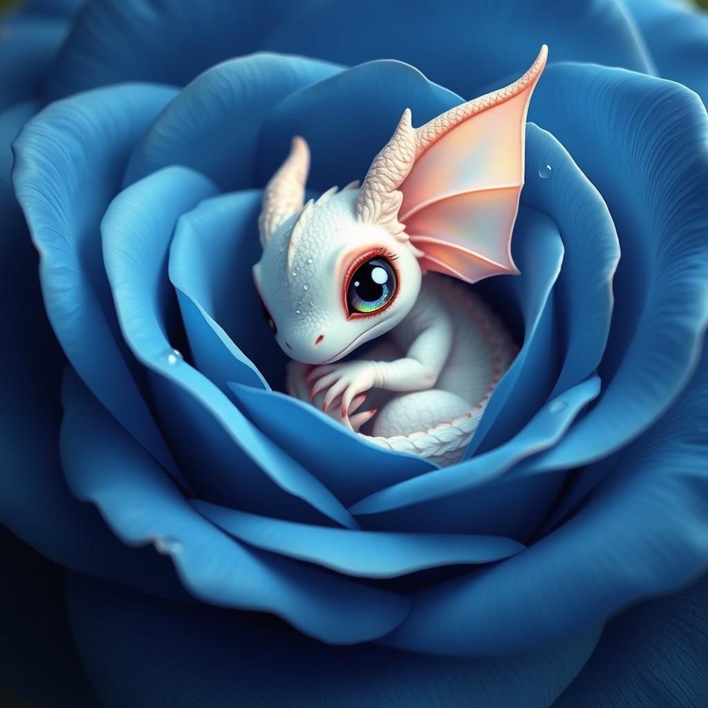 Baby Dragon Resting in Blue Rose