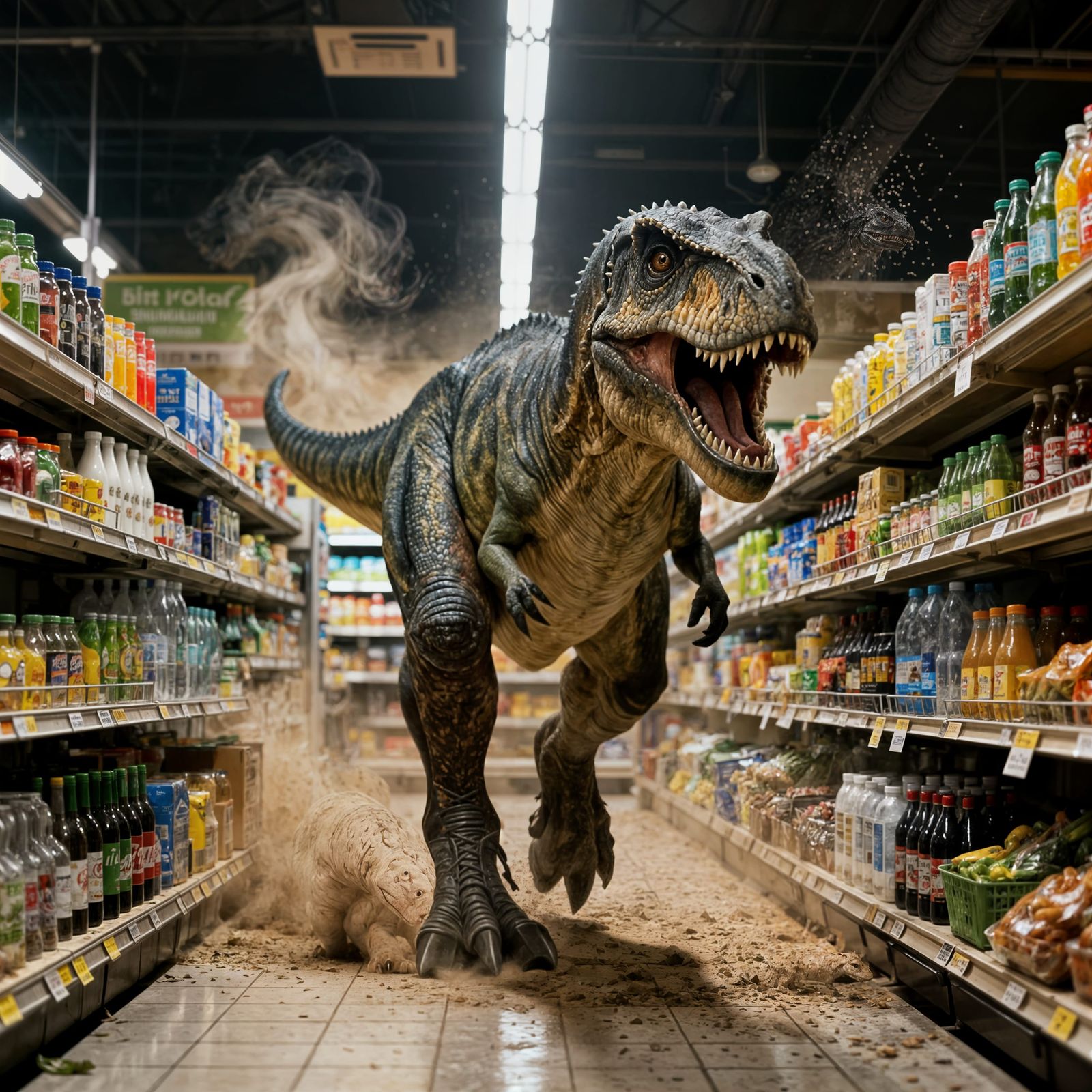 T-Rex Explores Supermarket in Hyperrealistic HDR Style