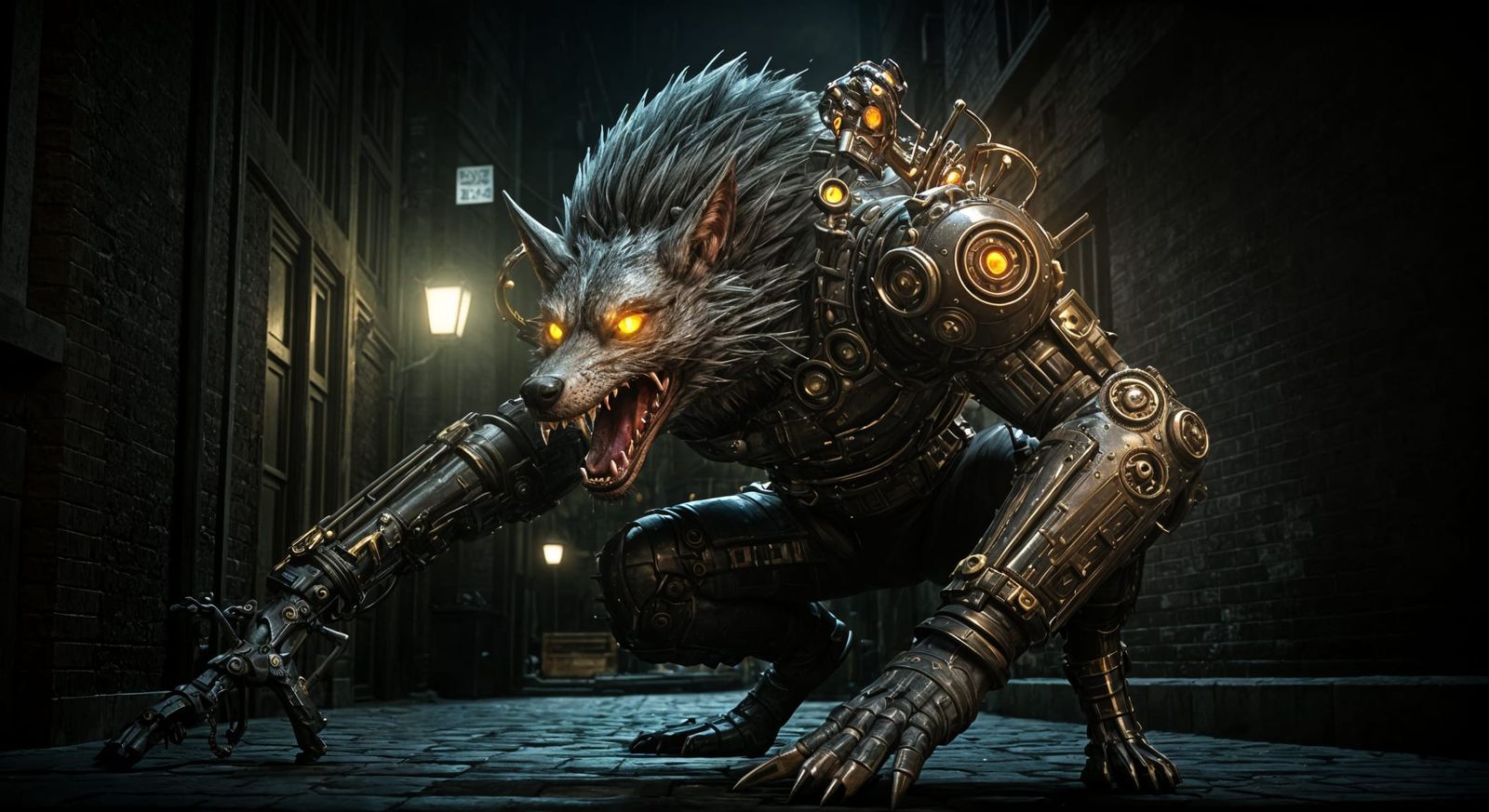 Steampunk Cyborg Werewolf in Dark Alley
