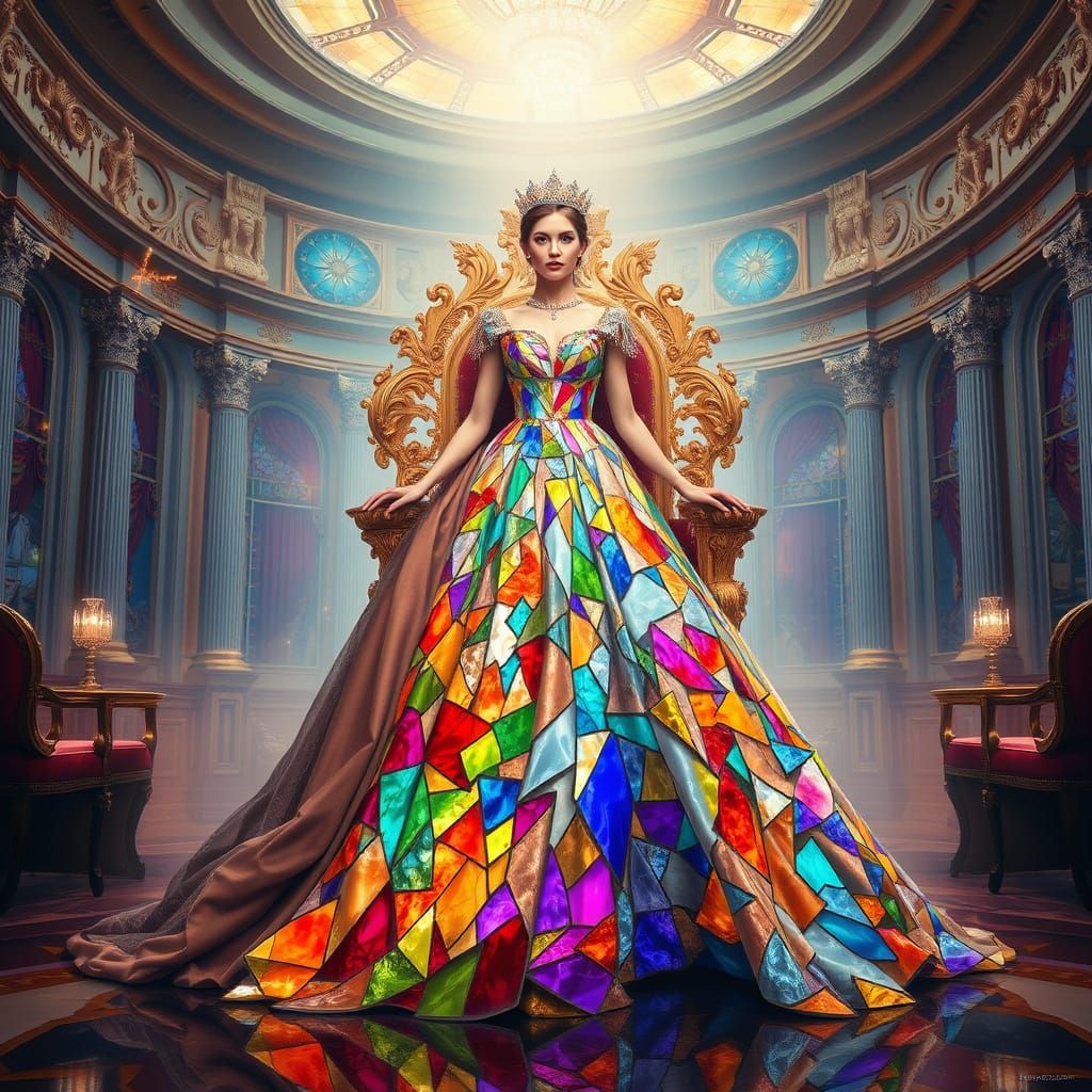 Queen on Crystalline Throne in Shattered Stained Glass Gown