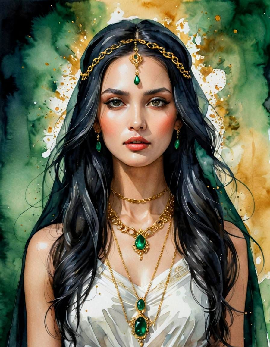 Elegant Woman with Veil in Abstract Watercolor Painting