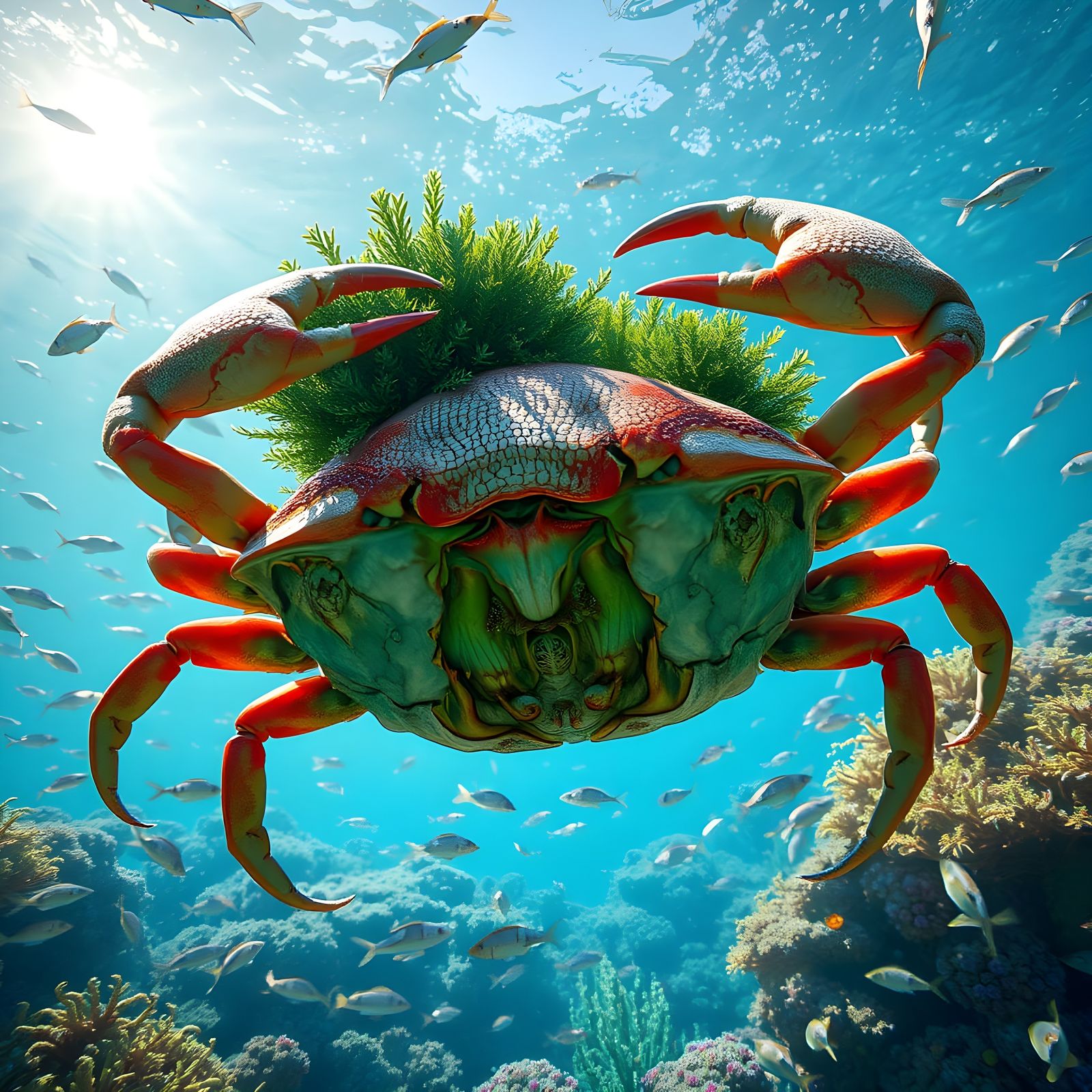 Crab Amidst Underwater Foliage in Epic 3D Cinematic Style