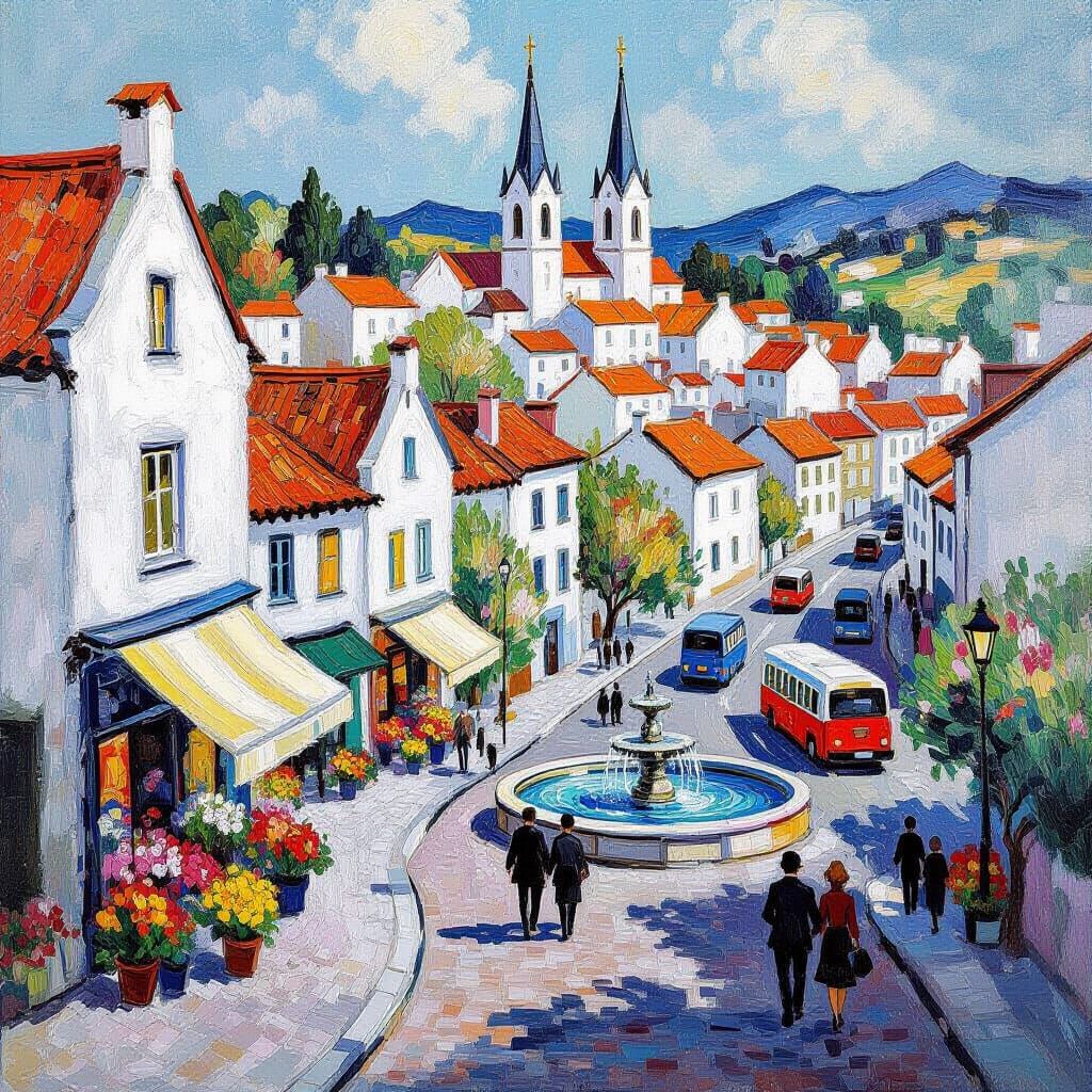 Cityscape in Van Gogh Style with Cafe and Flower Shop