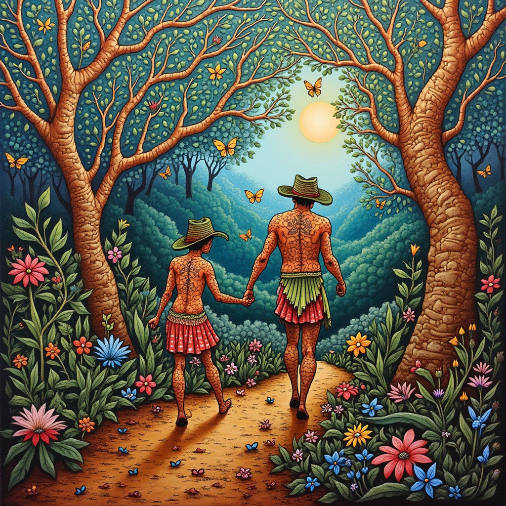 Surreal Maximalist Garden of Eden Painting in Folk Art Style
